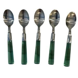 Vintage Emerald Green Acrylic Handle Stainless Flatware Set of 5 Spoons